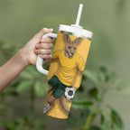 Personalized Australia Soccer Kangaroo Tumbler With Handle Gold Green Aussie Football Mascot Dynamic Sports Graphic