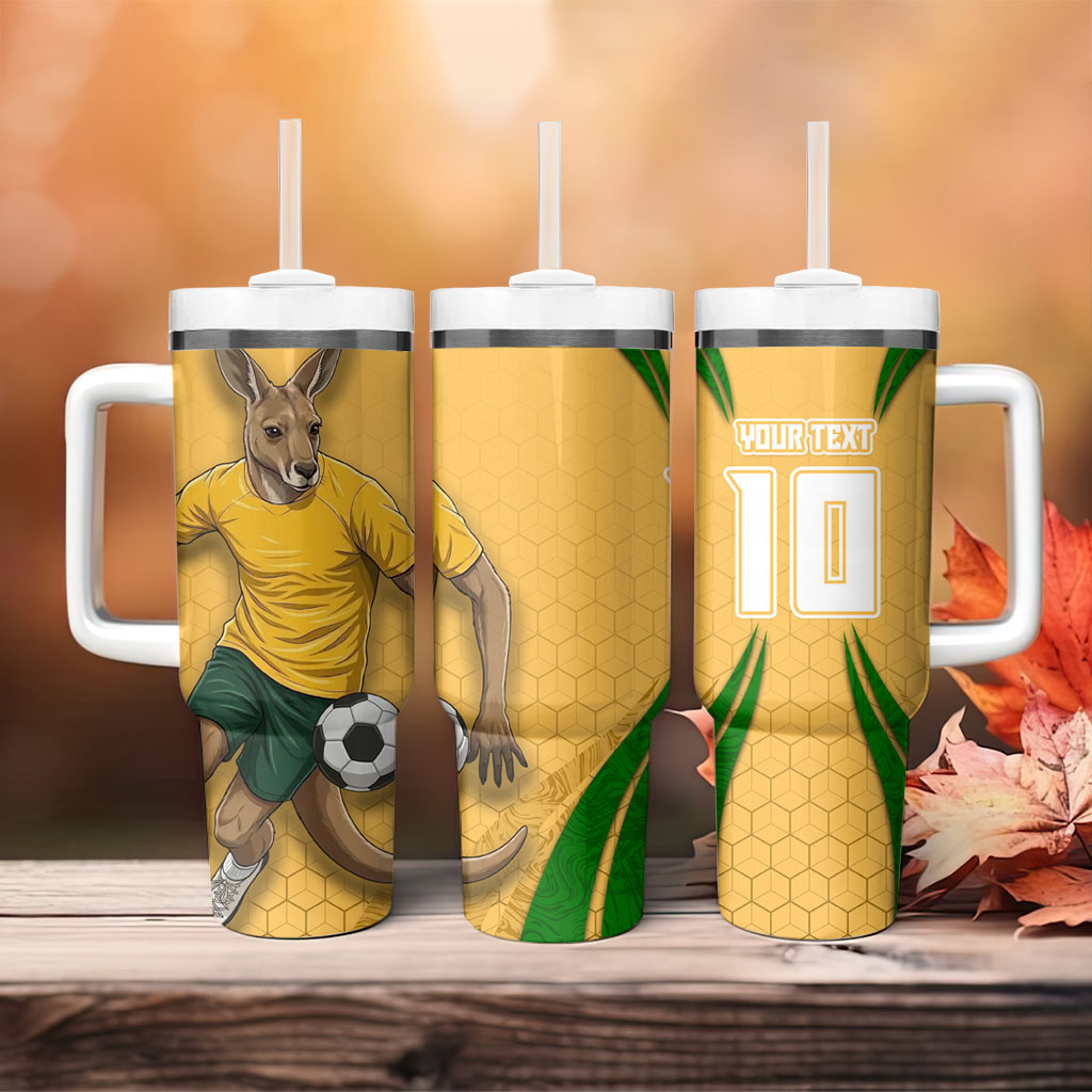Personalized Australia Soccer Kangaroo Tumbler With Handle Gold Green Aussie Football Mascot Dynamic Sports Graphic