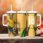 Personalized Australia Soccer Kangaroo Tumbler With Handle Gold Green Aussie Football Mascot Dynamic Sports Graphic