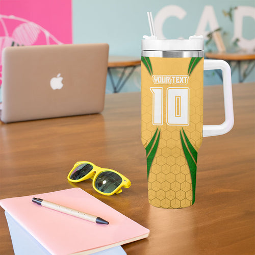 Personalized Australia Soccer Kangaroo Tumbler With Handle Gold Green Aussie Football Mascot Dynamic Sports Graphic