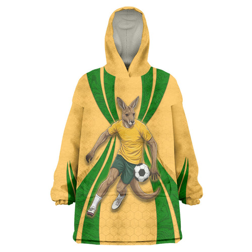 Personalized Australia Soccer Kangaroo Wearable Blanket Hoodie Gold Green Aussie Football Mascot Dynamic Sports Graphic