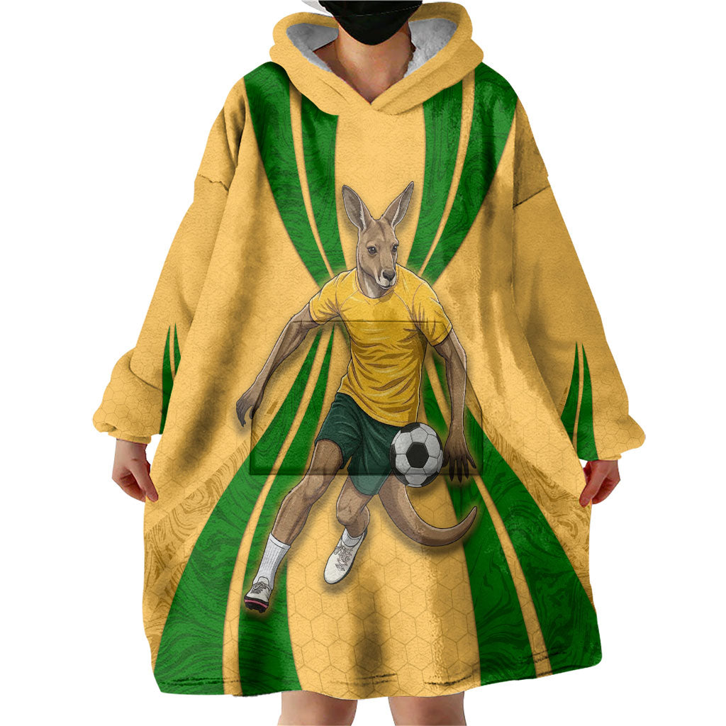 Personalized Australia Soccer Kangaroo Wearable Blanket Hoodie Gold Green Aussie Football Mascot Dynamic Sports Graphic