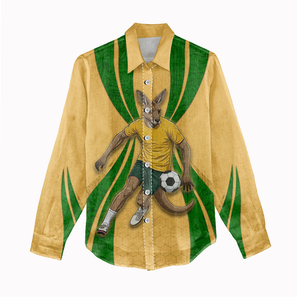 Personalized Australia Soccer Kangaroo Women Casual Shirt Gold Green Aussie Football Mascot Dynamic Sports Graphic