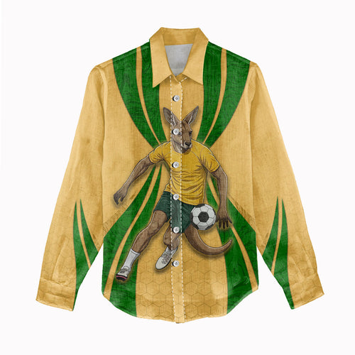 Personalized Australia Soccer Kangaroo Women Casual Shirt Gold Green Aussie Football Mascot Dynamic Sports Graphic