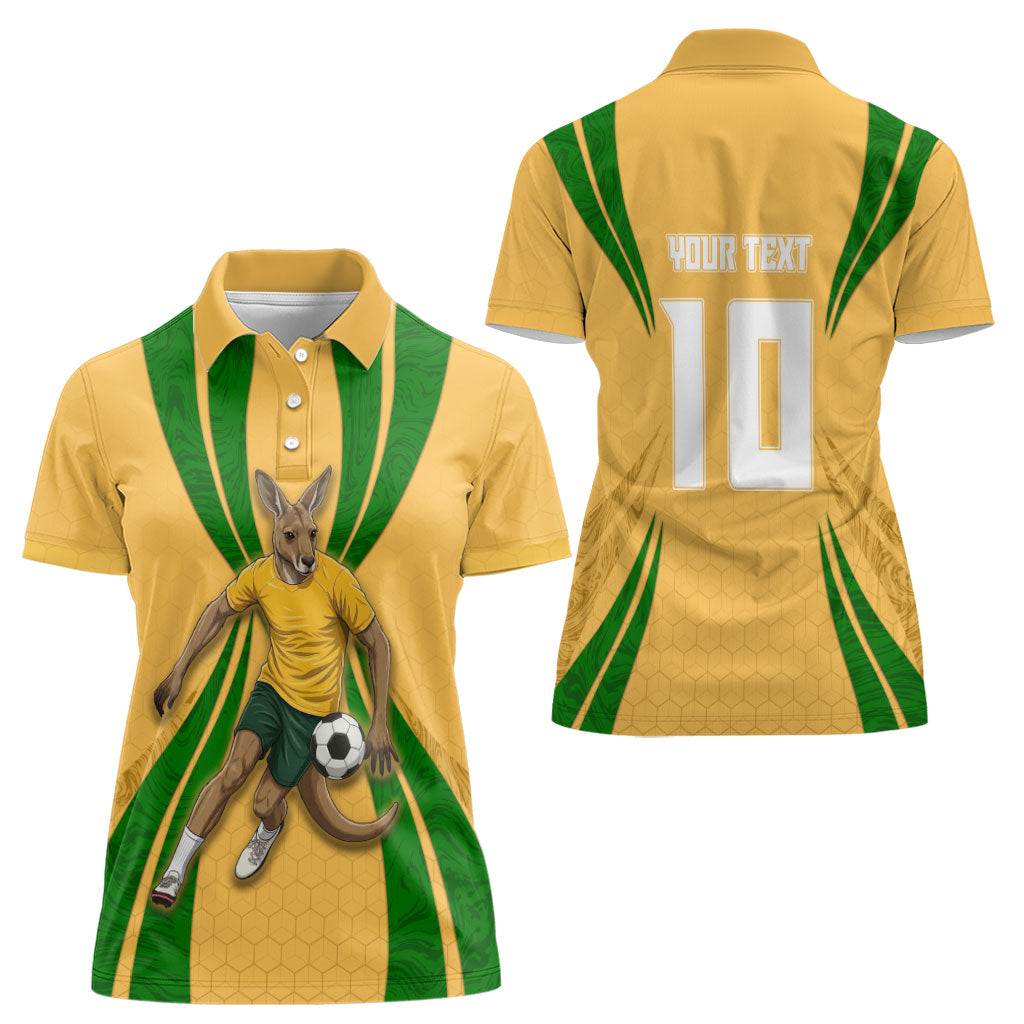 Personalized Australia Soccer Kangaroo Women Polo Shirt Gold Green Aussie Football Mascot Dynamic Sports Graphic