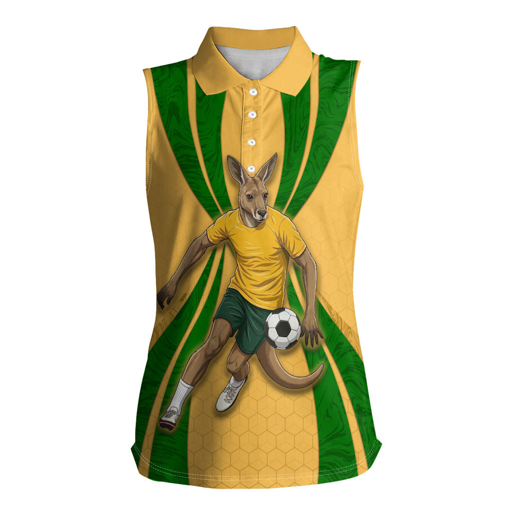 Personalized Australia Soccer Kangaroo Women Sleeveless Polo Shirt Gold Green Aussie Football Mascot Dynamic Sports Graphic