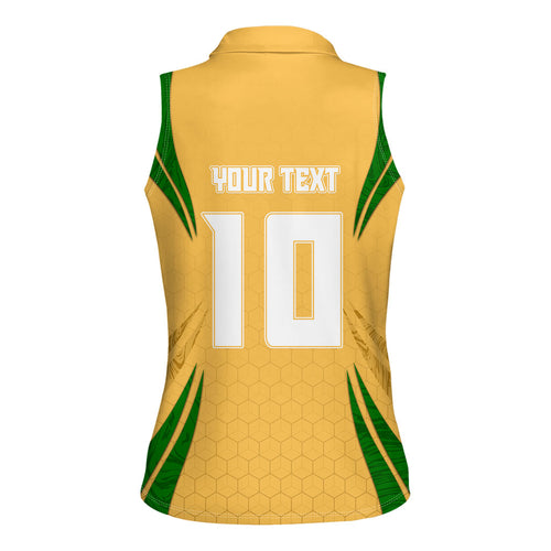 Personalized Australia Soccer Kangaroo Women Sleeveless Polo Shirt Gold Green Aussie Football Mascot Dynamic Sports Graphic