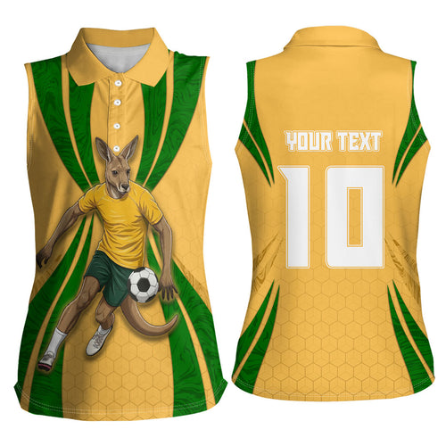 Personalized Australia Soccer Kangaroo Women Sleeveless Polo Shirt Gold Green Aussie Football Mascot Dynamic Sports Graphic