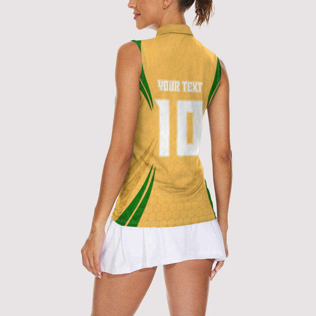 Personalized Australia Soccer Kangaroo Women Sleeveless Polo Shirt Gold Green Aussie Football Mascot Dynamic Sports Graphic