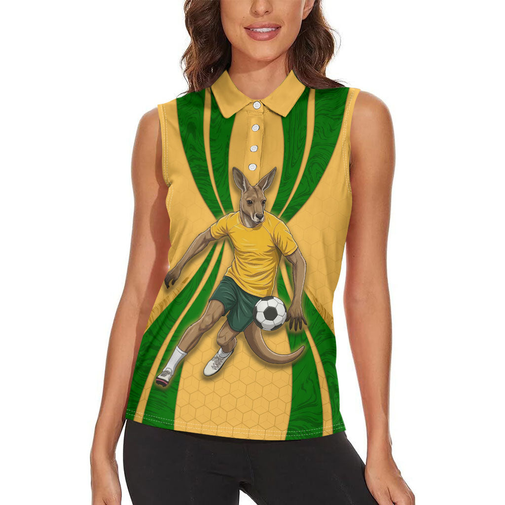 Personalized Australia Soccer Kangaroo Women Sleeveless Polo Shirt Gold Green Aussie Football Mascot Dynamic Sports Graphic