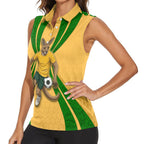Personalized Australia Soccer Kangaroo Women Sleeveless Polo Shirt Gold Green Aussie Football Mascot Dynamic Sports Graphic