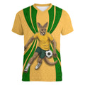 Personalized Australia Soccer Kangaroo Women V-Neck T-Shirt Gold Green Aussie Football Mascot Dynamic Sports Graphic