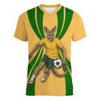 Personalized Australia Soccer Kangaroo Women V-Neck T-Shirt Gold Green Aussie Football Mascot Dynamic Sports Graphic