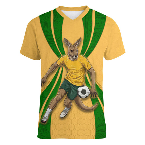 Personalized Australia Soccer Kangaroo Women V-Neck T-Shirt Gold Green Aussie Football Mascot Dynamic Sports Graphic