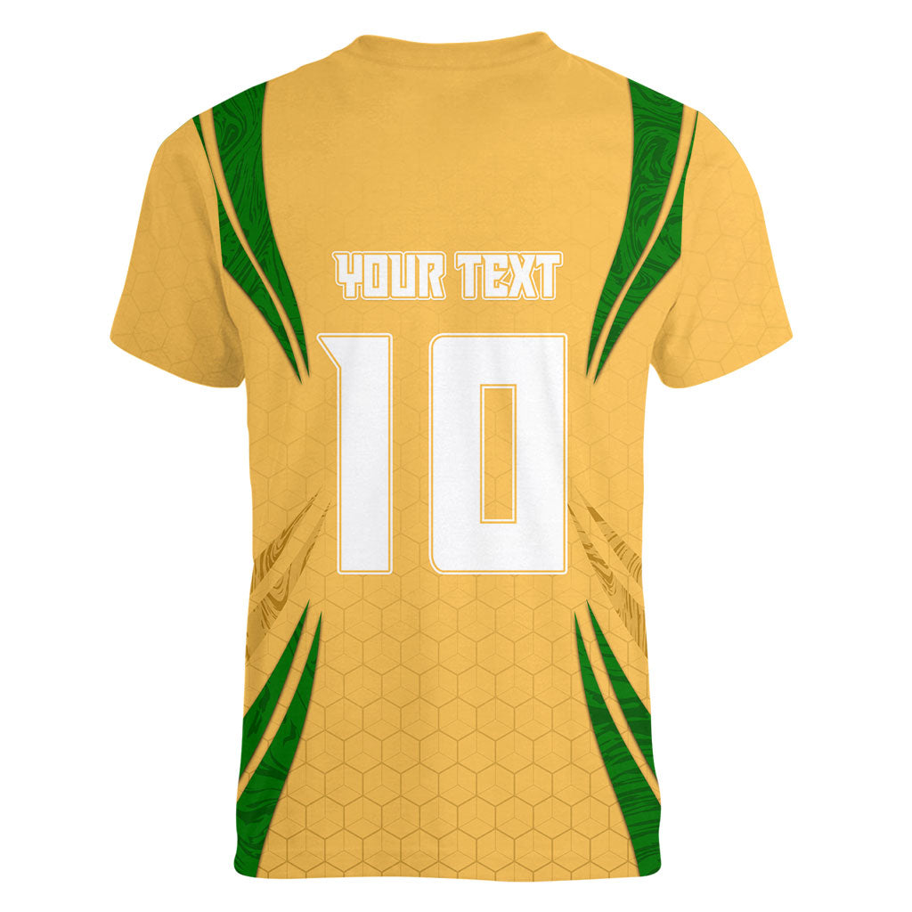 Personalized Australia Soccer Kangaroo Women V-Neck T-Shirt Gold Green Aussie Football Mascot Dynamic Sports Graphic