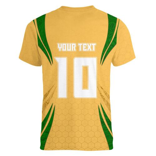 Personalized Australia Soccer Kangaroo Women V-Neck T-Shirt Gold Green Aussie Football Mascot Dynamic Sports Graphic