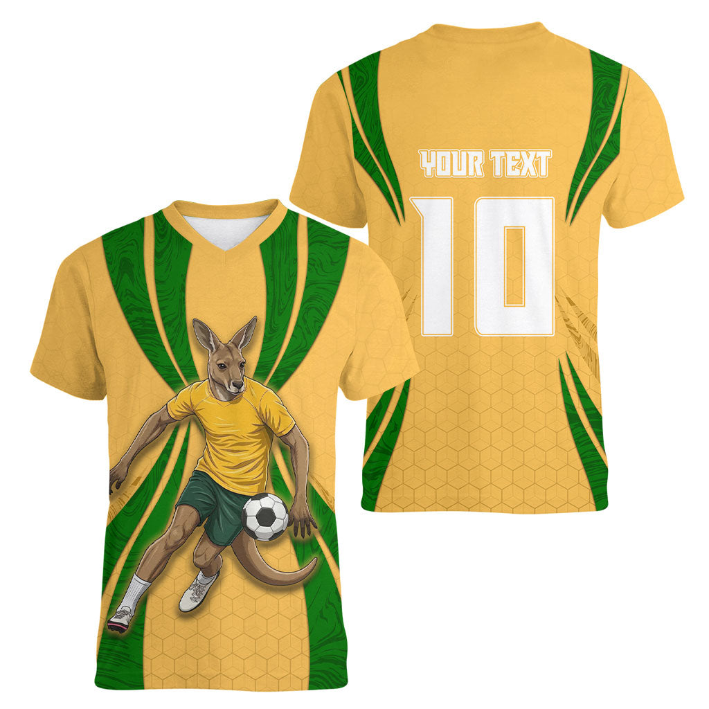 Personalized Australia Soccer Kangaroo Women V-Neck T-Shirt Gold Green Aussie Football Mascot Dynamic Sports Graphic