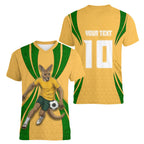 Personalized Australia Soccer Kangaroo Women V-Neck T-Shirt Gold Green Aussie Football Mascot Dynamic Sports Graphic