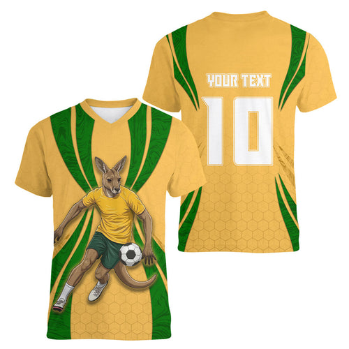 Personalized Australia Soccer Kangaroo Women V-Neck T-Shirt Gold Green Aussie Football Mascot Dynamic Sports Graphic