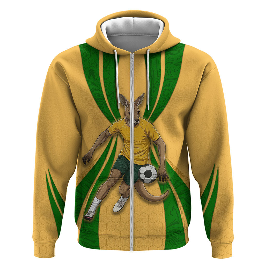 Personalized Australia Soccer Kangaroo Zip Hoodie Gold Green Aussie Football Mascot Dynamic Sports Graphic