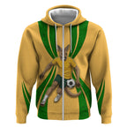 Personalized Australia Soccer Kangaroo Zip Hoodie Gold Green Aussie Football Mascot Dynamic Sports Graphic