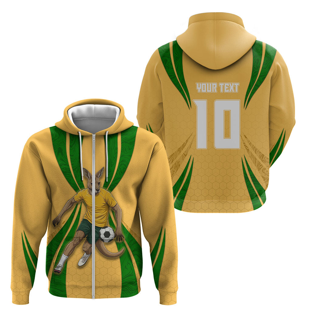 Personalized Australia Soccer Kangaroo Zip Hoodie Gold Green Aussie Football Mascot Dynamic Sports Graphic