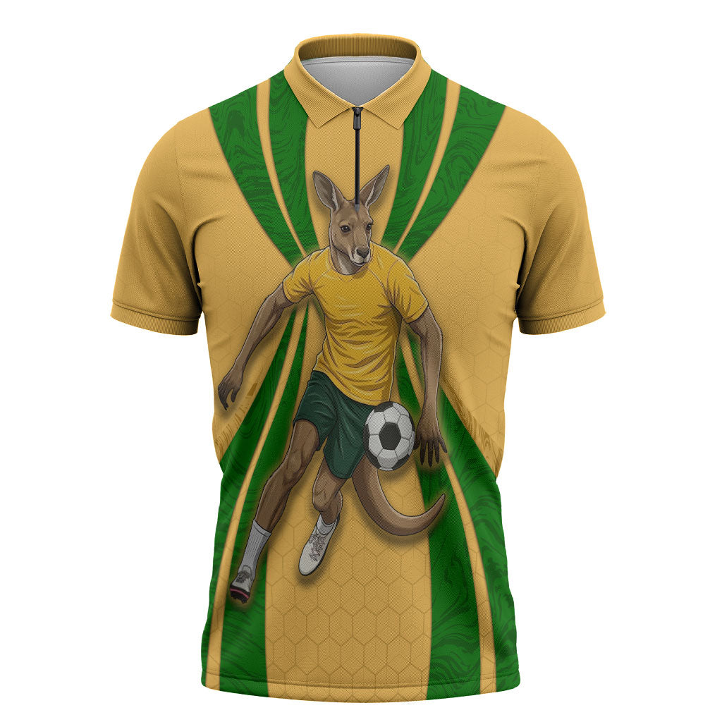 Personalized Australia Soccer Kangaroo Zipper Polo Shirt Gold Green Aussie Football Mascot Dynamic Sports Graphic
