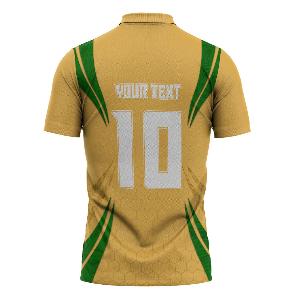 Personalized Australia Soccer Kangaroo Zipper Polo Shirt Gold Green Aussie Football Mascot Dynamic Sports Graphic