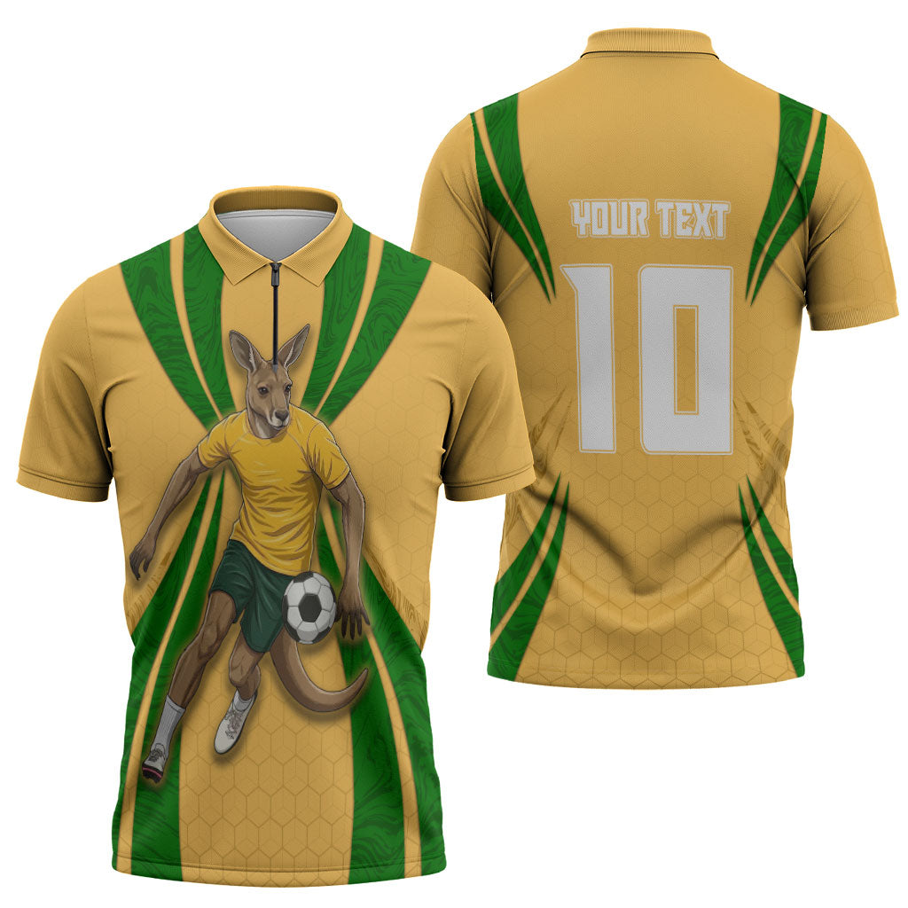 Personalized Australia Soccer Kangaroo Zipper Polo Shirt Gold Green Aussie Football Mascot Dynamic Sports Graphic