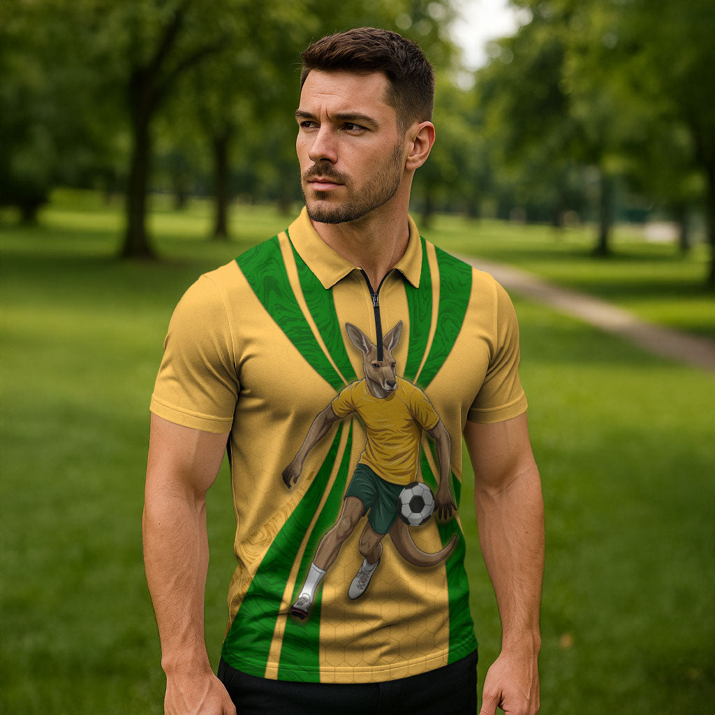 Personalized Australia Soccer Kangaroo Zipper Polo Shirt Gold Green Aussie Football Mascot Dynamic Sports Graphic