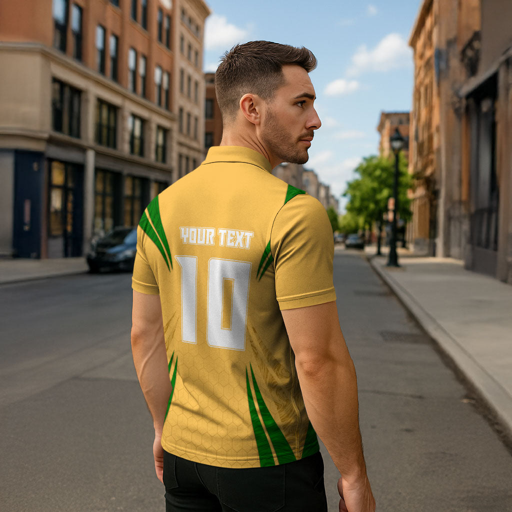 Personalized Australia Soccer Kangaroo Zipper Polo Shirt Gold Green Aussie Football Mascot Dynamic Sports Graphic