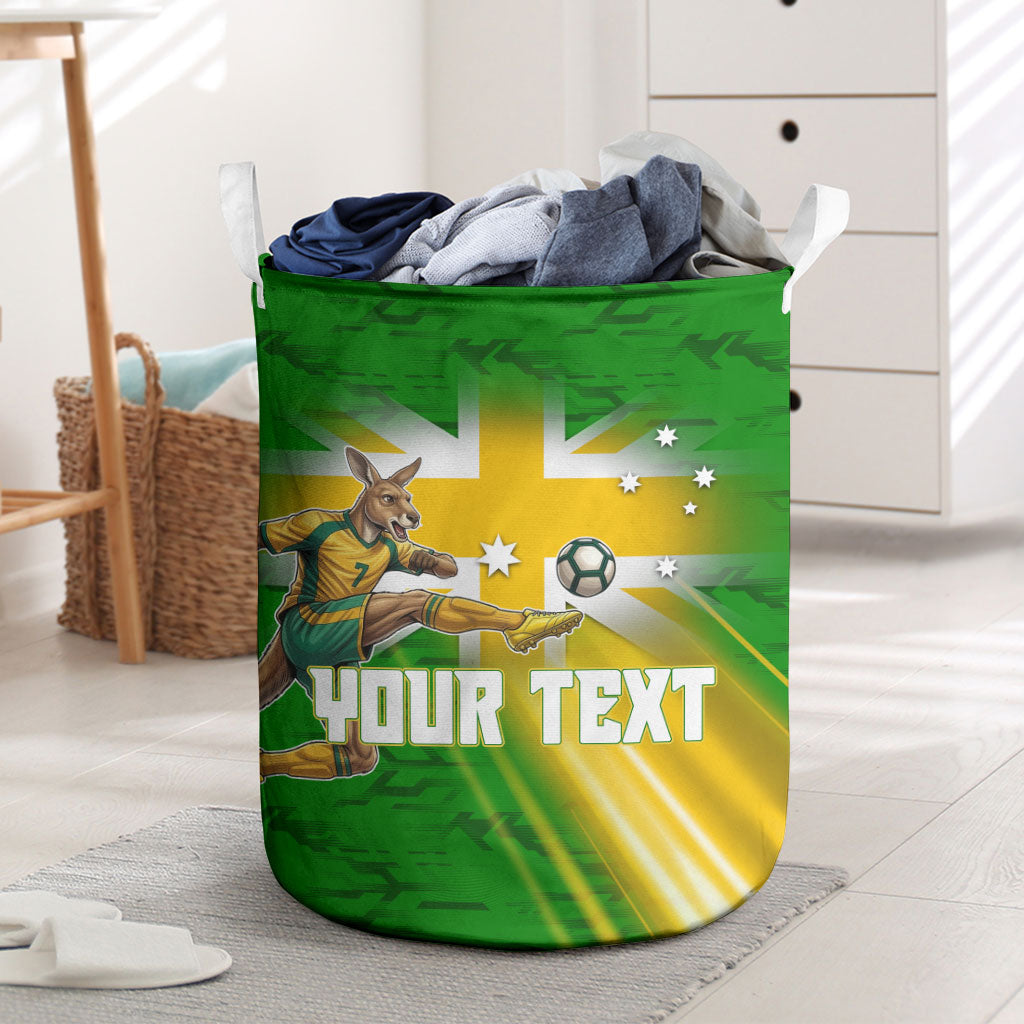 Personalized Australia Soccer Kangaroo Laundry Basket Dynamic Kick with Australian Flag Green Gold Sports Graphic