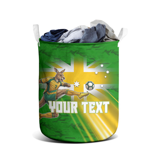 Personalized Australia Soccer Kangaroo Laundry Basket Dynamic Kick with Australian Flag Green Gold Sports Graphic