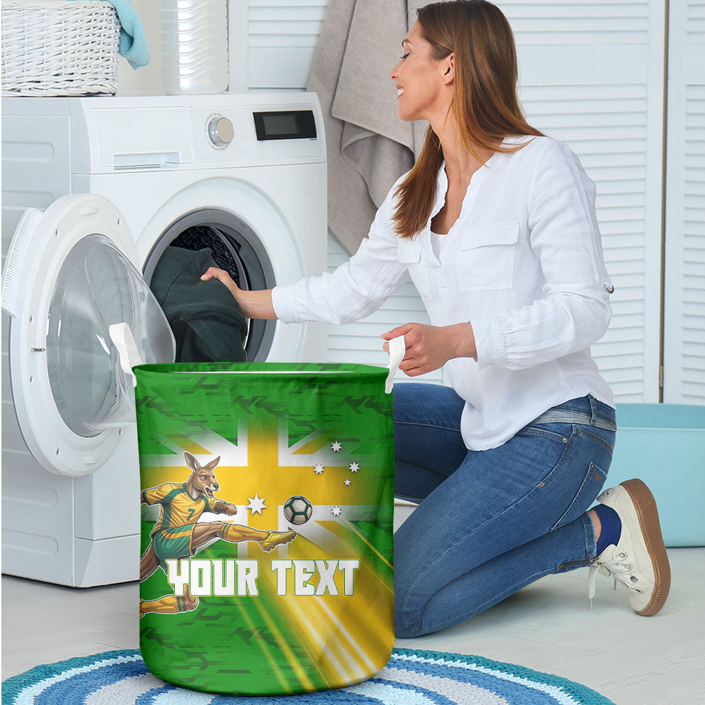 Personalized Australia Soccer Kangaroo Laundry Basket Dynamic Kick with Australian Flag Green Gold Sports Graphic