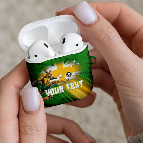 Personalized Australia Soccer Kangaroo AirPods Case Dynamic Kick with Australian Flag Green Gold Sports Graphic