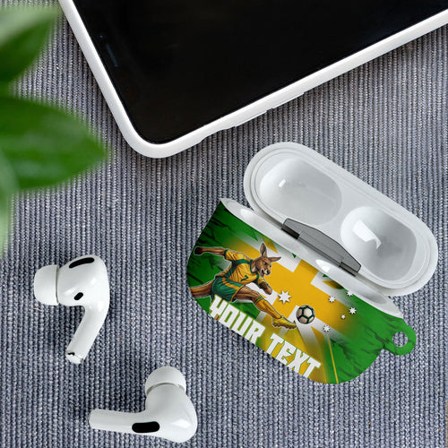 Personalized Australia Soccer Kangaroo AirPods Case Dynamic Kick with Australian Flag Green Gold Sports Graphic