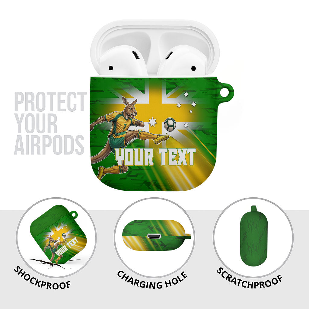 Personalized Australia Soccer Kangaroo AirPods Case Dynamic Kick with Australian Flag Green Gold Sports Graphic