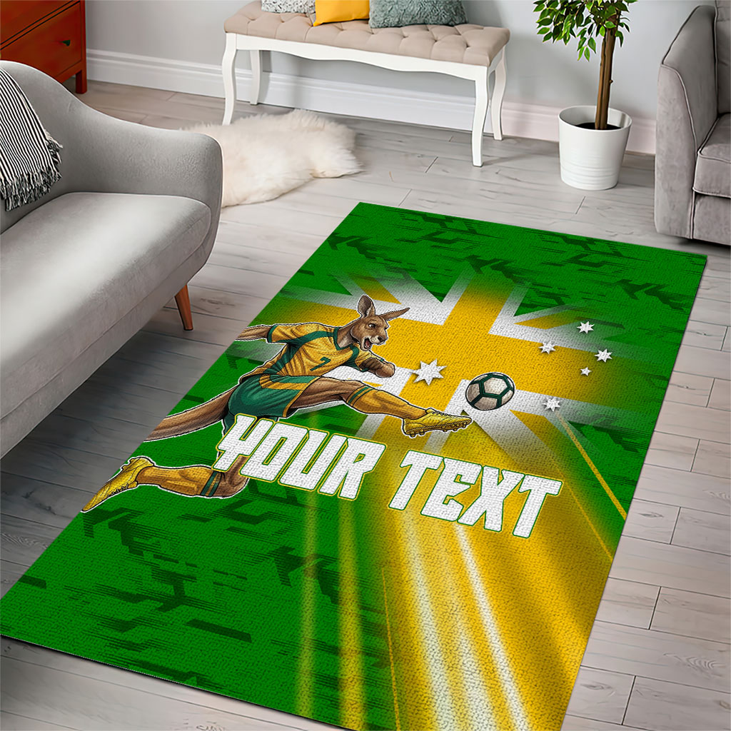Personalized Australia Soccer Kangaroo Area Rug Dynamic Kick with Australian Flag Green Gold Sports Graphic