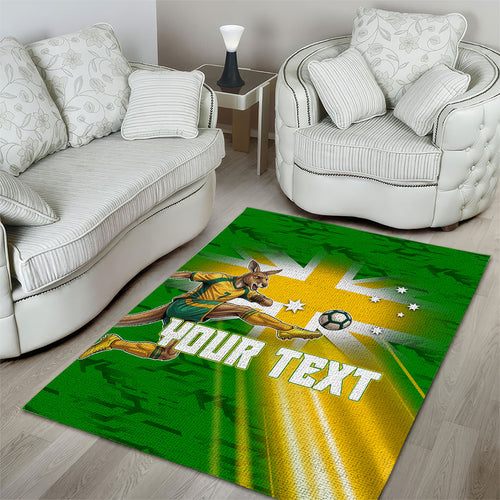 Personalized Australia Soccer Kangaroo Area Rug Dynamic Kick with Australian Flag Green Gold Sports Graphic