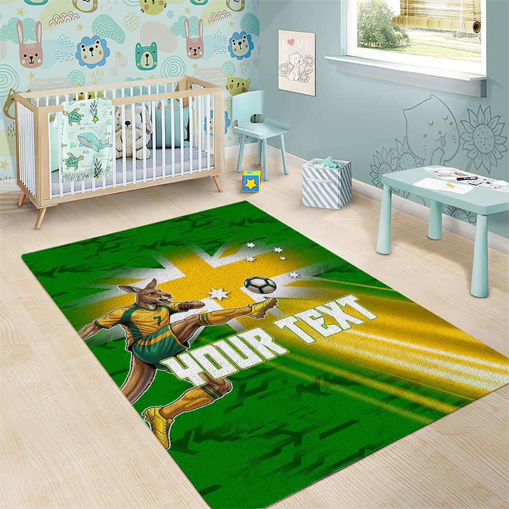 Personalized Australia Soccer Kangaroo Area Rug Dynamic Kick with Australian Flag Green Gold Sports Graphic
