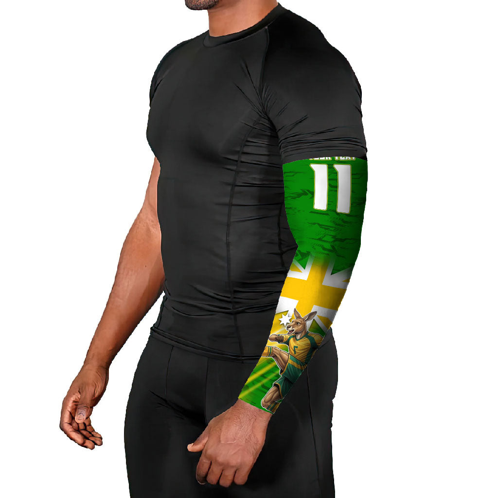 Personalized Australia Soccer Kangaroo Arm Sleeves Dynamic Kick with Australian Flag Green Gold Sports Graphic