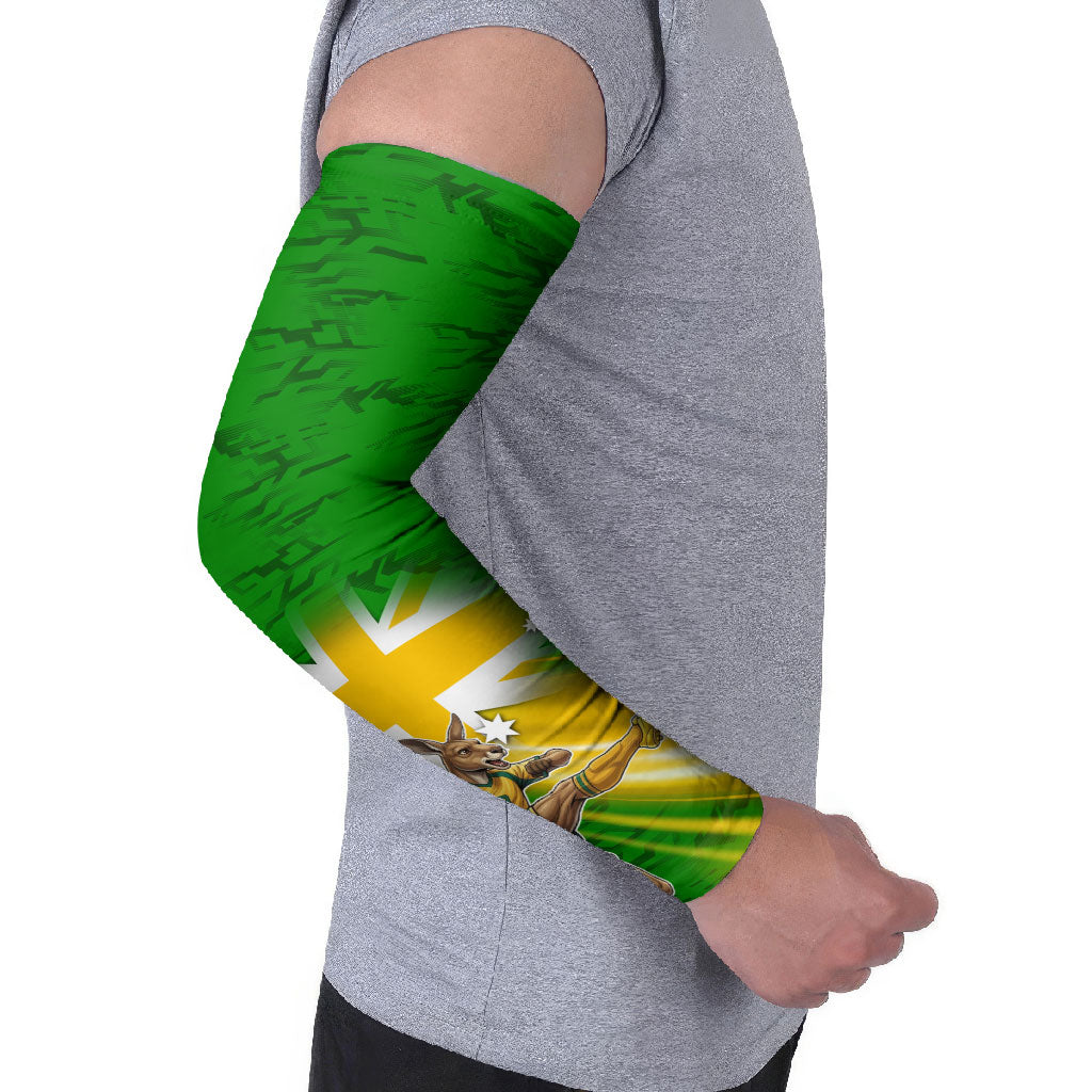 Personalized Australia Soccer Kangaroo Arm Sleeves Dynamic Kick with Australian Flag Green Gold Sports Graphic