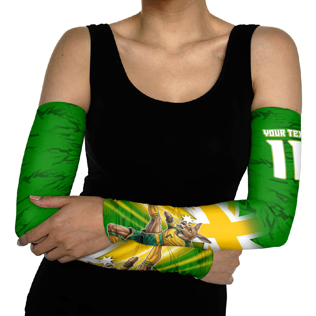 Personalized Australia Soccer Kangaroo Arm Sleeves Dynamic Kick with Australian Flag Green Gold Sports Graphic