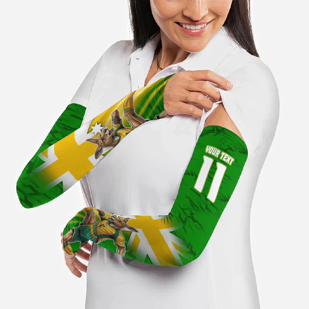 Personalized Australia Soccer Kangaroo Arm Sleeves Dynamic Kick with Australian Flag Green Gold Sports Graphic