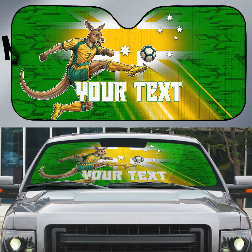 Personalized Australia Soccer Kangaroo Auto Sun Shade Dynamic Kick with Australian Flag Green Gold Sports Graphic