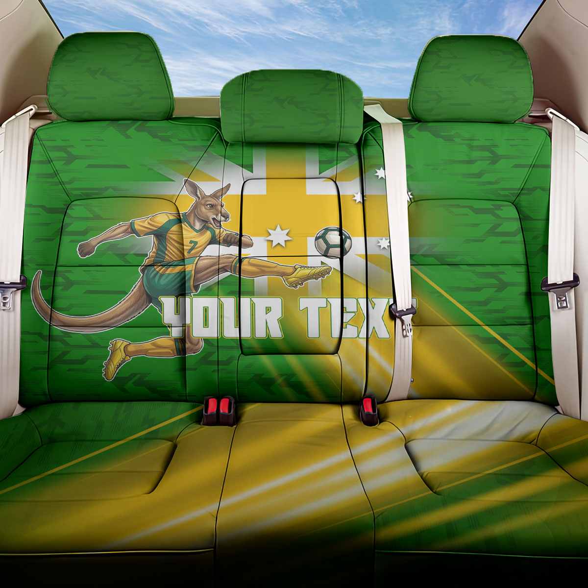 Personalized Australia Soccer Kangaroo Back Car Seat Cover Dynamic Kick with Australian Flag Green Gold Sports Graphic