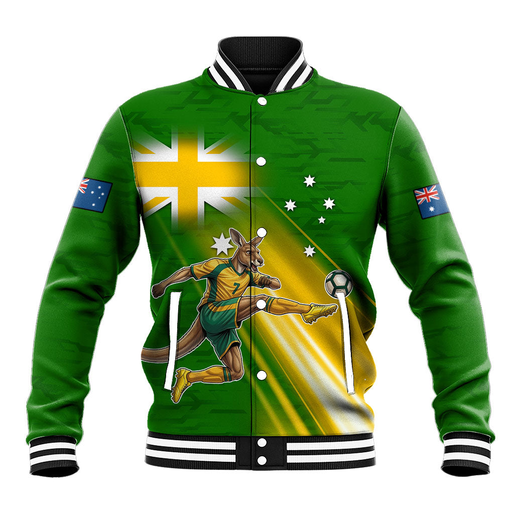 Personalized Australia Soccer Kangaroo Baseball Jacket Dynamic Kick with Australian Flag Green Gold Sports Graphic