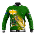 Personalized Australia Soccer Kangaroo Baseball Jacket Dynamic Kick with Australian Flag Green Gold Sports Graphic