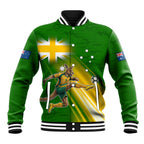 Personalized Australia Soccer Kangaroo Baseball Jacket Dynamic Kick with Australian Flag Green Gold Sports Graphic