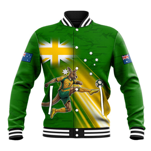 Personalized Australia Soccer Kangaroo Baseball Jacket Dynamic Kick with Australian Flag Green Gold Sports Graphic
